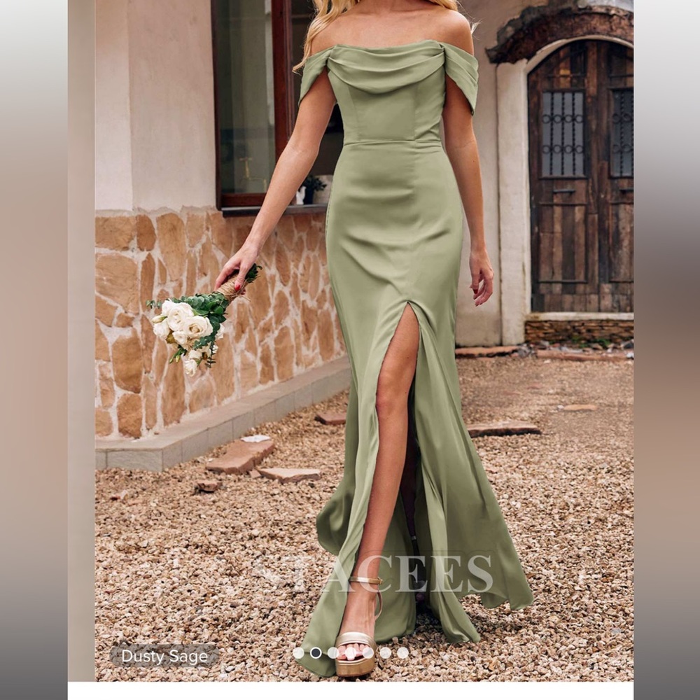 NEW STACEE Off-the-Shoulder Floor-Length Stretch Satin Bridesmaid Dress